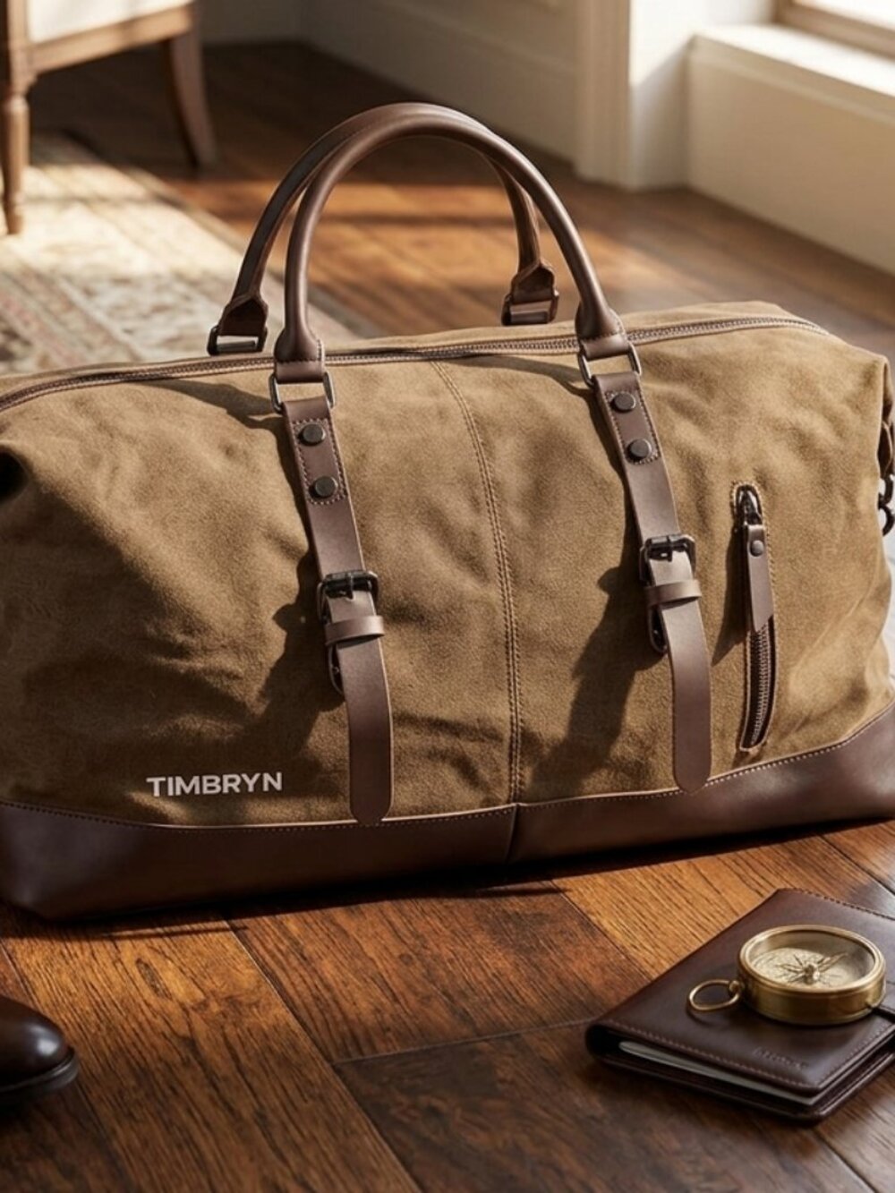 TIMBRYN Large Canvas & Leather Weekend Duffle Bag – Men's Vintage Travel CarryOn - Picture 3 of 17
